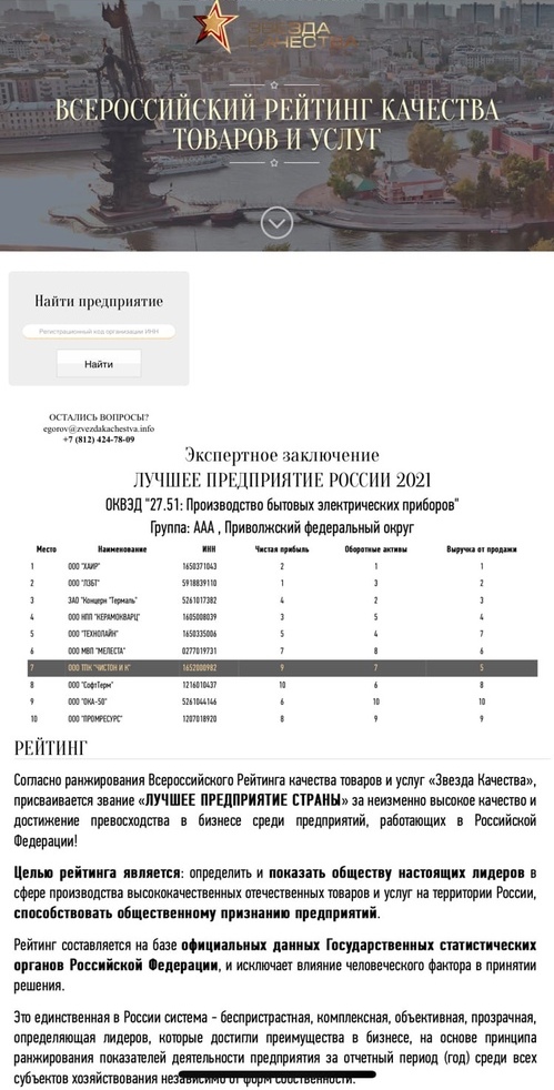 ООО ТПК "Чистон и К" Лучшее предприятие России 2021 ОКВЭД «27.51: Производство Бытовых Электрических приборов»